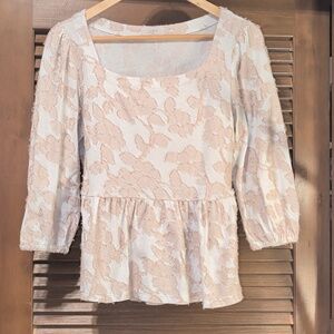 Peplum Cream and Tan Floral Blouse With 3/4 Sleeve And Square Neckline